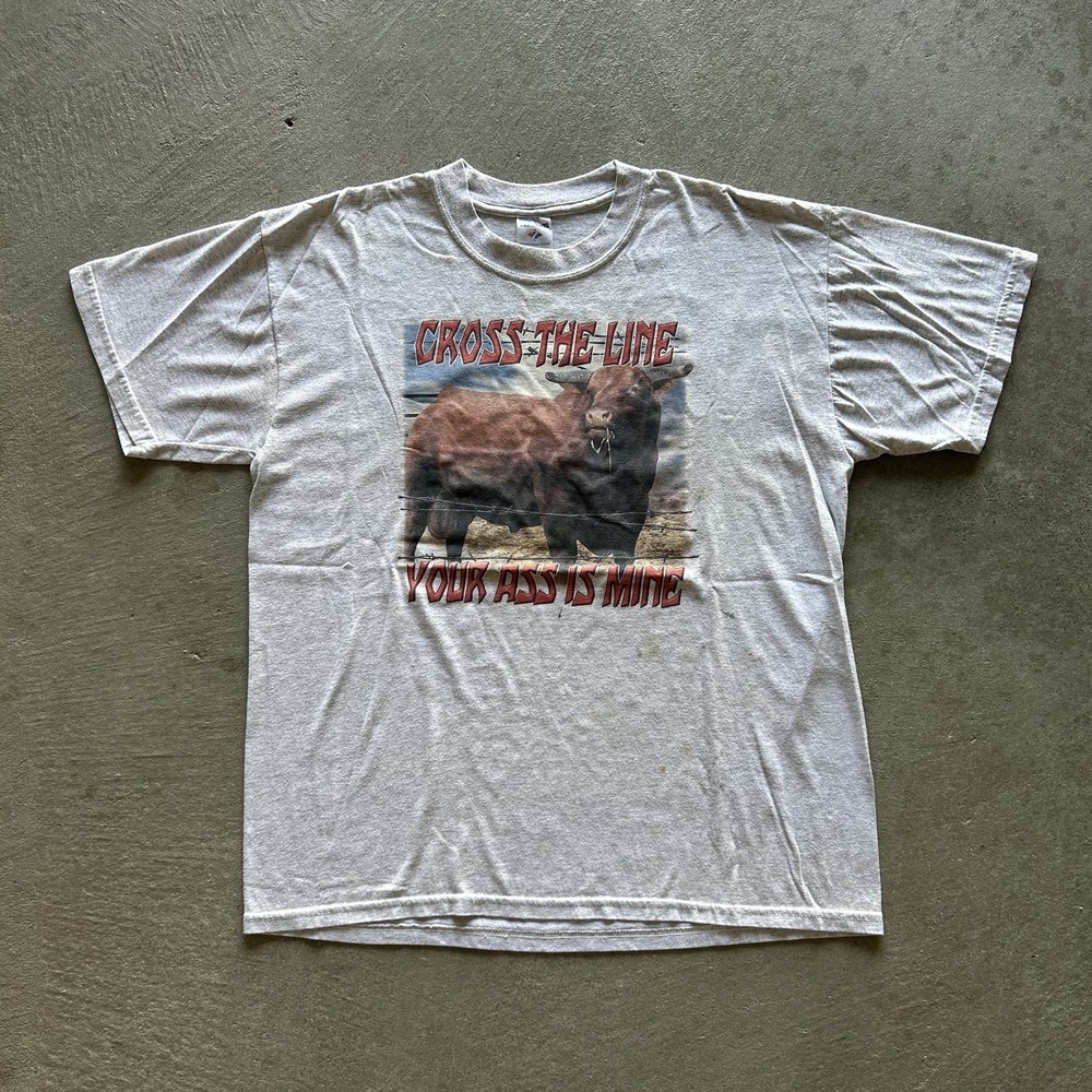 Vintage Longhorn Shirt Size Large‎ Gray Cow Farm Cross The Line Funny Parody